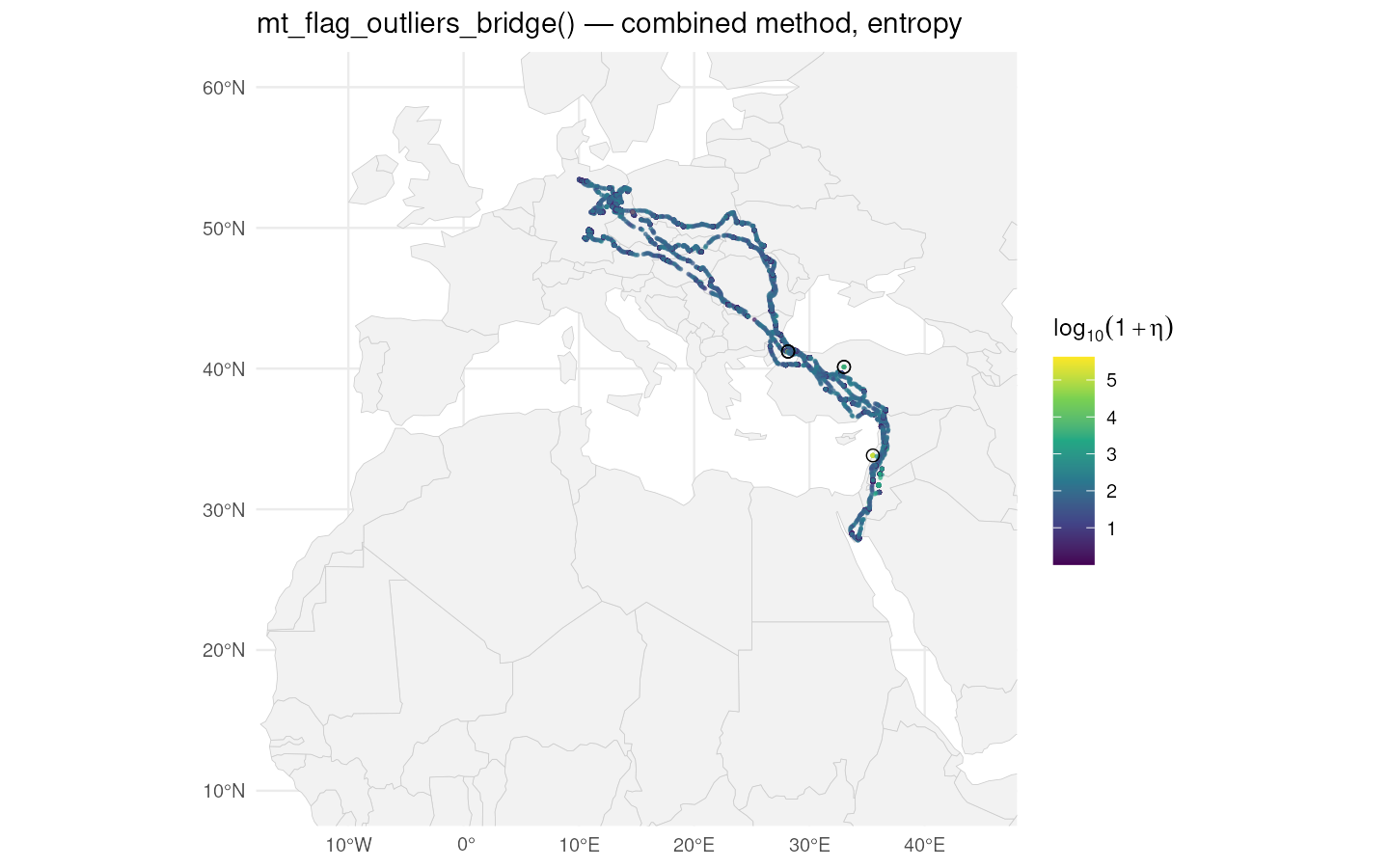 Bridge-residual score in UTM coordinates. Flagged fixes (black circles) concentrate on points spatially inconsistent with their neighbours given the local sampling cadence.